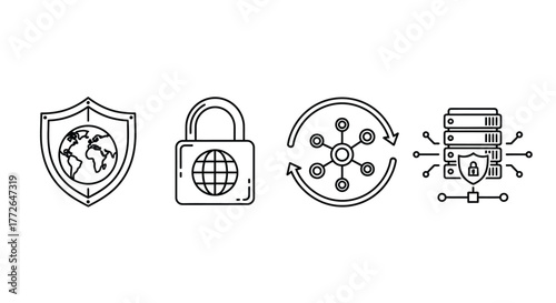 Cybersecurity icons representing network security data protection global connectivity server security vector