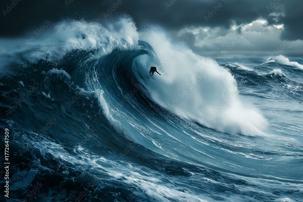 Obraz premium Dramatic scene of a surfer riding a huge ocean wave under dark stormy skies. Powerful image of nature’s force, adventure, and extreme sports.