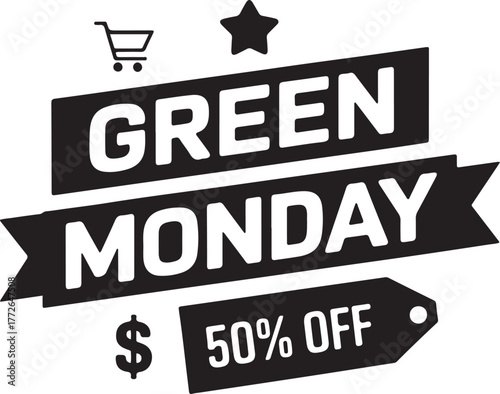 Green Monday Sale Vector Banner Design 50% Off Shopping Promotion Label
