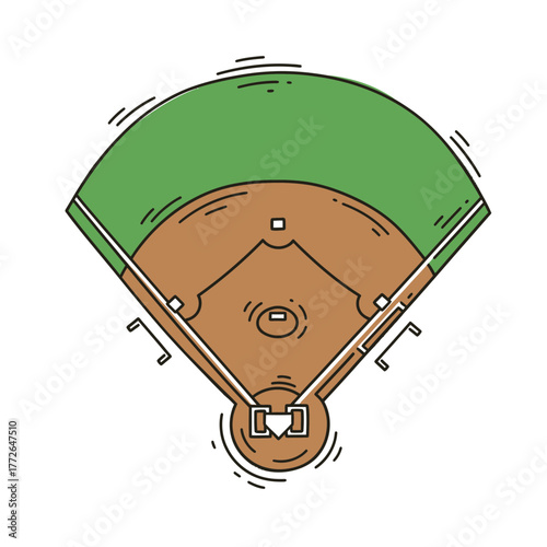 An overhead aerial view of a cartoon baseball field with a green outfield and brown infield.
