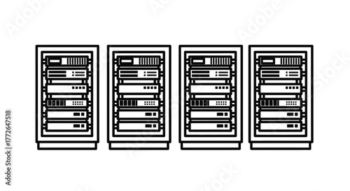 Row of server racks showing data storage and network equipment stacked vertically for computing vector