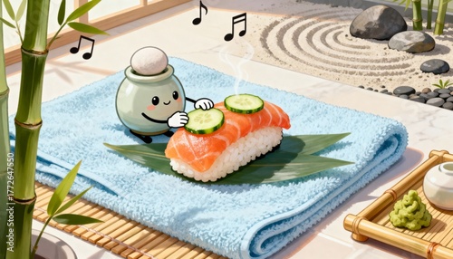 Kawaii Spa Day for Nigiri Cute Character Placing Cucumber Slices on Salmon Sushi in a Relaxing Bamboo Zen Garden.