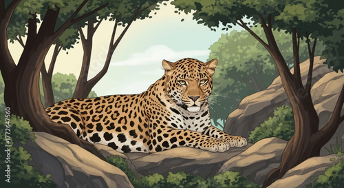 Resting Jaguar in a Forest Clearing, Surrounded by Trees and Rocks.