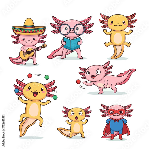 Set of cute cartoon axolotl characters in various poses and costumes.