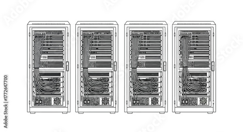 Modern data center server racks row technology computing equipment information storage digital network vector