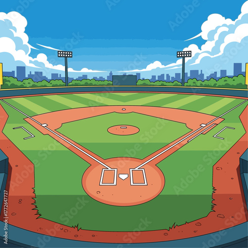 Vibrant Cartoon Baseball Field Ready for a Championship Game.