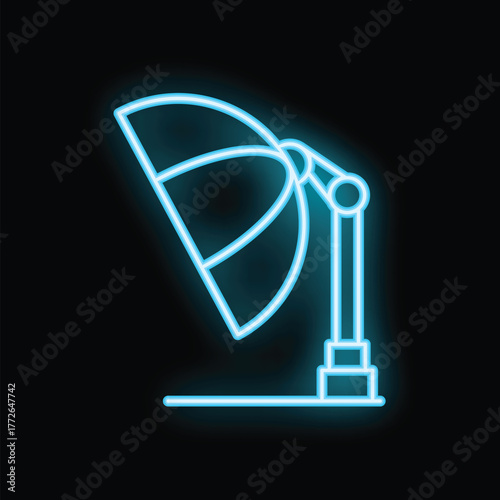 Blue neon sign depicting a beach umbrella illuminated on a black background