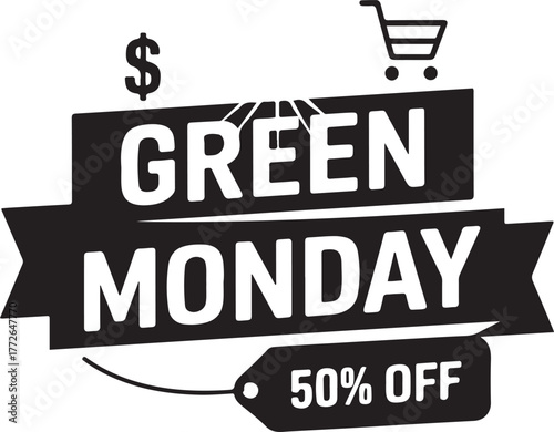 Green Monday Sale Vector Banner Design 50% Off Shopping Promotion Label