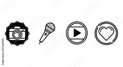Digital media icons set camera microphone video play button and heart for social networks vector