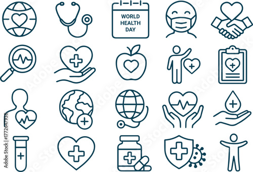 Collection of hand-drawn health and medical icons representing global wellness and healthcare concepts