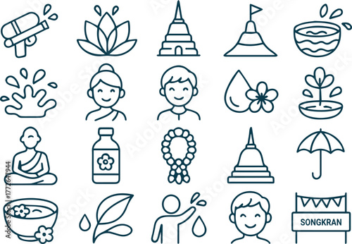 Songkran water festival icons set traditional thai celebration symbols for design and decoration