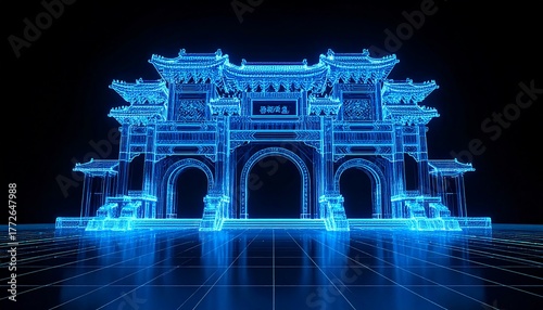 Fototapeta Naklejka Na Ścianę i Meble -  Futuristic, blue-glowing 3D render of a traditional Asian gateway. The intricate architecture stands out against the dark background, with digital grid floor