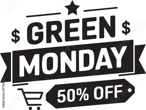 Green Monday Sale Vector Banner Design 50% Off Shopping Promotion Label