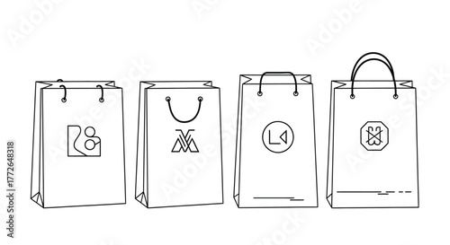 Set of four hand-drawn paper shopping bags with unique embossed logos artistic design vector
