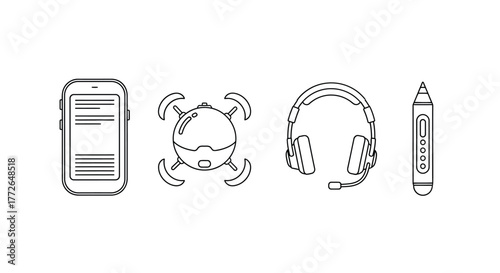 Set of four hand-drawn line art icons representing technology and gadgets vector