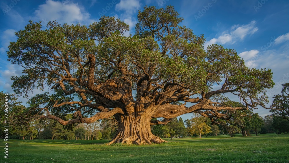 Obraz premium Ancient tree towering in a green park, illustrating seasonal change