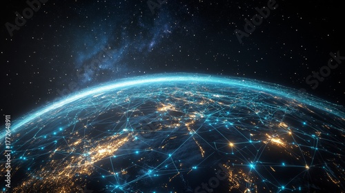 A global digital network spanning the entire planet, with luminous blue streams of light representing connections and the flow of information	