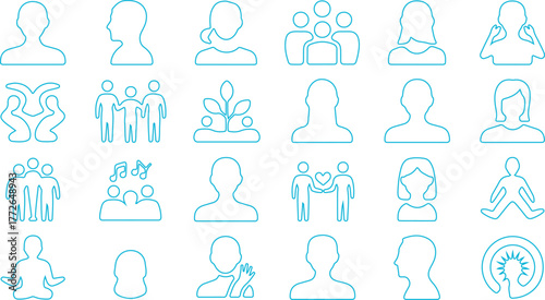  Psychotherapy Types Icon Set, Therapy Methods and Mental Health Approaches, Cognitive Behavioral Humanistic Positive Psychology Gestalt Line Vector Illustration