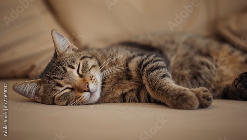 Wallpaper Mural Short-haired tabby cat resting on a sofa, playful demeanor observed Torontodigital.ca
