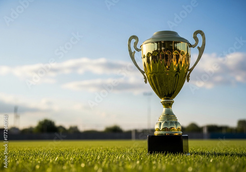Golden Trophy on Green Field Under Sunlight
