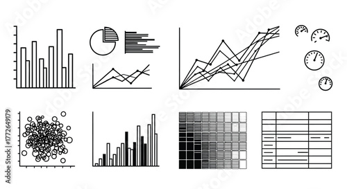 Collection of hand drawn business charts and graphs for data analysis and reporting vector