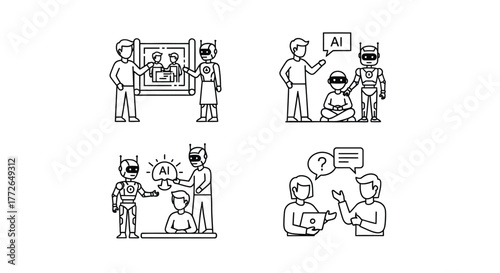 Four panel comic strip depicting futuristic interactions with robots and virtual reality technology vector