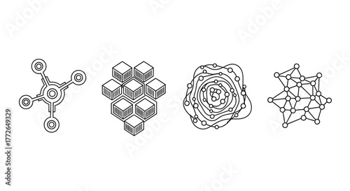 Four abstract geometric line drawings representing molecular structures and complex patterns vector