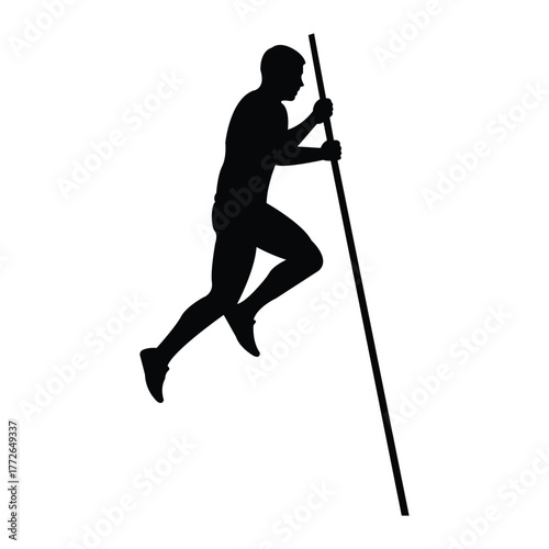 Silhouette of an athlete performing pole vault jump on white background