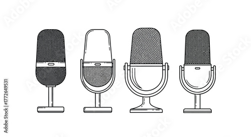 Vintage microphones array studio recording broadcast audio equipment retro style collection vector