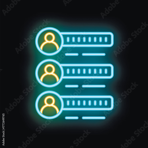 Neon icon representing a candidate ranking system, with progress bars indicating the stage of each applicant in the recruitment process