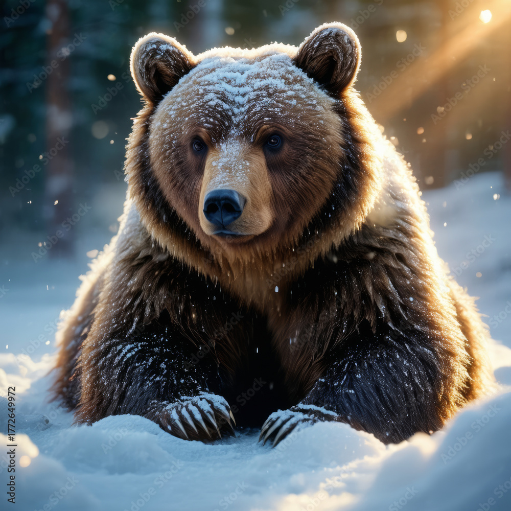 Obraz premium Majestic Grizzly Bear Covered in Snow Resting with Sunlight Filtering Through Peaceful Winter Forest