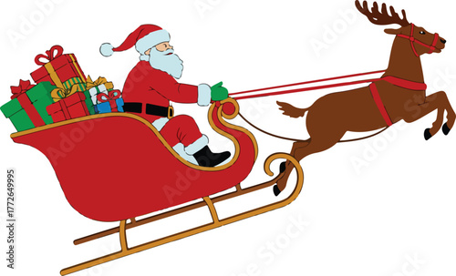 Vector illustration of Santa Claus falling out of his sleigh with presents and a stumbling reindeer