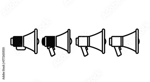 Four megaphones outline icons symbolizing communication loudspeaker announcement advertising message vector