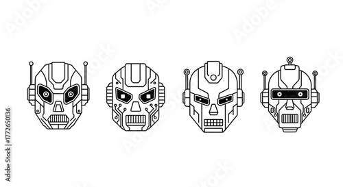Robotic faces set four distinct futuristic android heads line art style vector