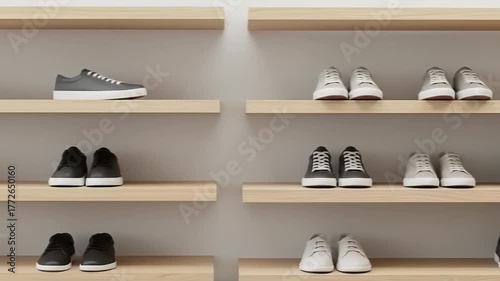 Display of various styles of sneakers arranged neatly on wooden shelves in a modern retail space