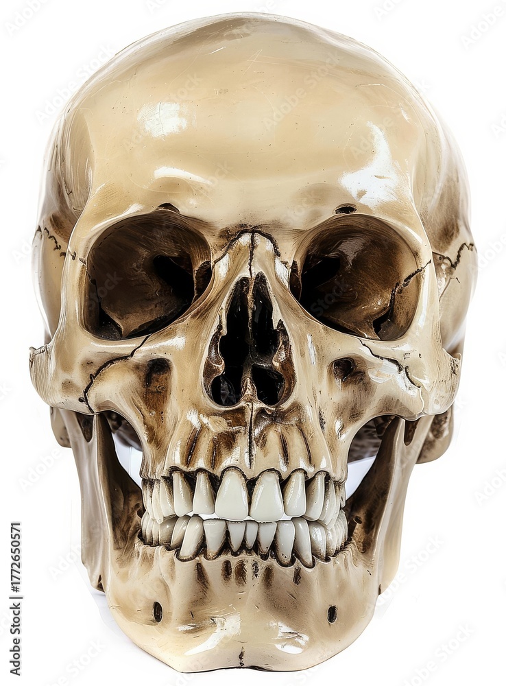 Obraz premium Anatomical Skull Front View on White Background Halloween Decoration Medical Study Death Concept