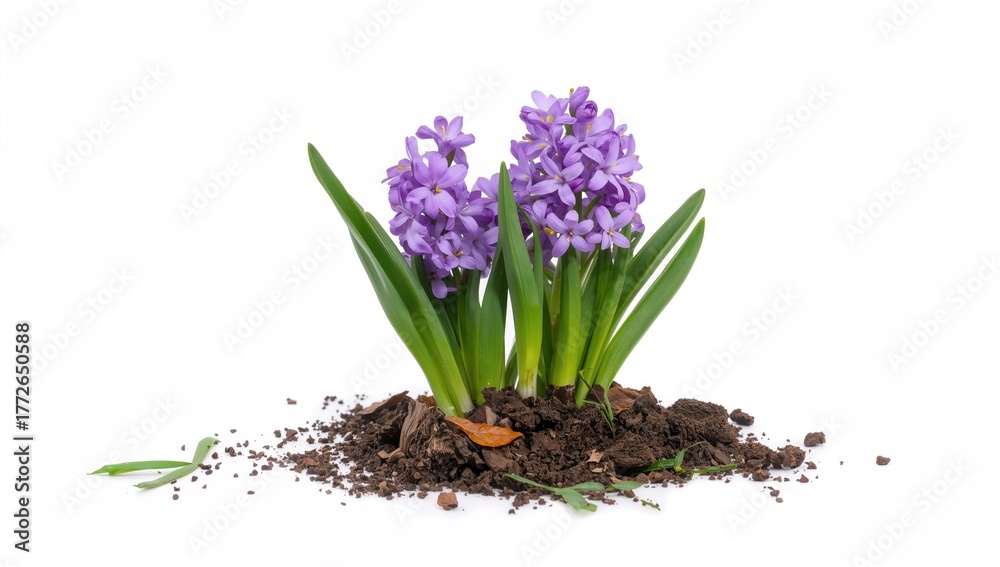 Obraz premium Ground-planted hyacinth blossoms against a white backdrop