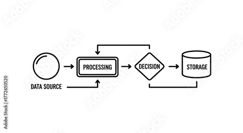 Business process flowchart diagram showing data source processing decision and storage vector