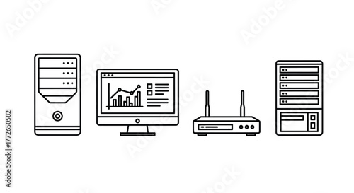 Digital technology icons computer monitor router server tower hardware components graphics vector