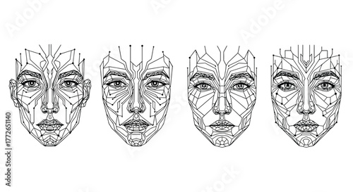 Four distinct human faces displayed with intricate network lines and geometric patterns symbolizing ai and technology vector