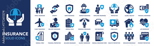 Insurance solid icons collection. Containing safety, healthcare, benefit, risk icons. Perfect pixel on transparent background. Vector illustration