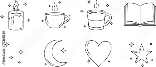 Cozy Night In Candle Coffee Book Moon Heart and Star Doodles.