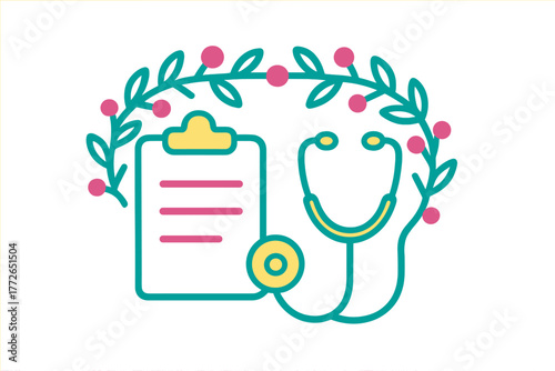 Stethoscope and clipboard framed by a decorative floral wreath representing health and wellness