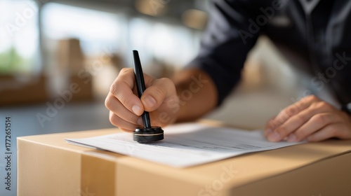 Customs supervisor applying bold stamp for approval on international cargo manifest, expression of vigilance and focus, symbolizing global trade authorization, import-export validation, and