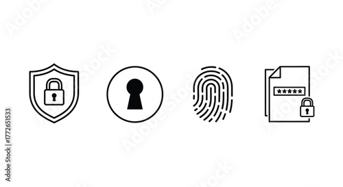 Security icons featuring shield lock keyhole fingerprint and password document for digital safety concepts vector