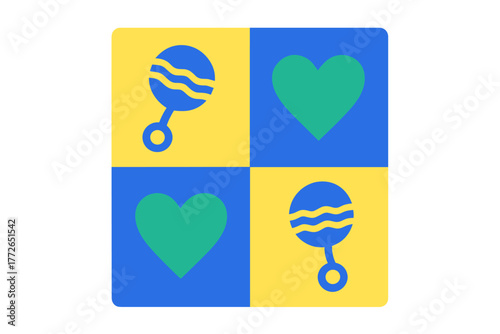 Bright colorful pattern featuring baby rattles and hearts in a geometric grid design