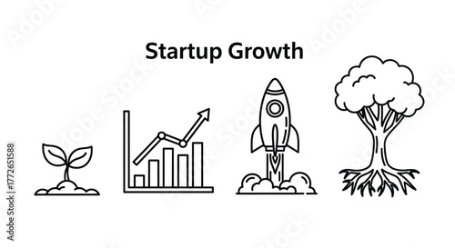 Startup growth stages represented by seedling bar chart rocket and tree vector