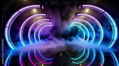 Neon stage lights background with fog and reflection for party event and concert decoration design