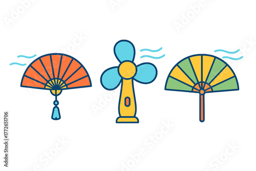 Colorful cooling methods including traditional folding hand fans and modern portable electric fan