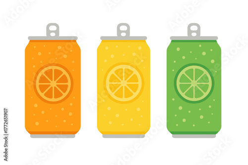 Row of three colorful aluminum cans with orange, lemon, and lime citrus fruit designs